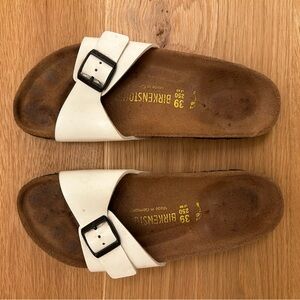 Birkenstock Madrid Slide White Sandals with Black Buckle